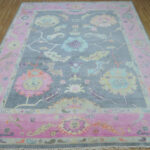 Hand Knotted Oushak Wool Rug, Vintage Grey Pink Floral Carpet - Image 2