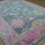 Hand Knotted Oushak Wool Rug, Vintage Grey Pink Floral Carpet - Image 3