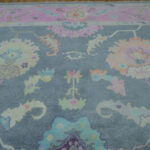 Hand Knotted Oushak Wool Rug, Vintage Grey Pink Floral Carpet - Image 5