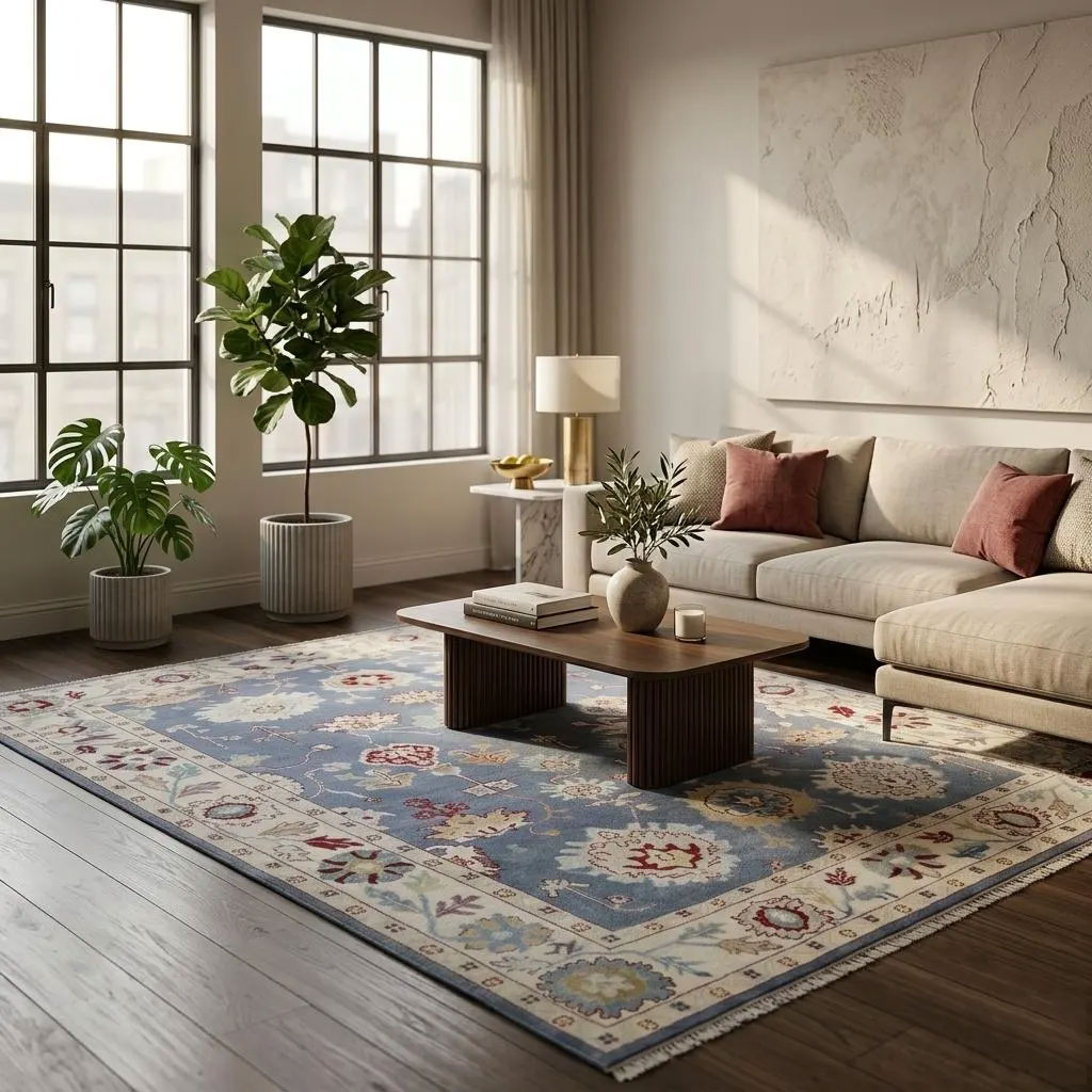 0 Blue Blossom Heritage Oushak Hand-Knotted Wool Rug - Image 1