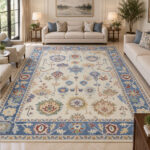 Ivory Blue Garden Oushak Rug – Hand Knotted Wool
