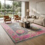 Hand Knotted Oushak Wool Rug, Vintage Grey Pink Floral Carpet