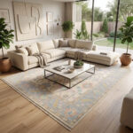 Blue Floral Hand-Knotted Oushak Wool Rug on Ivory Base