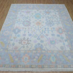 Blue Floral Hand-Knotted Oushak Wool Rug on Ivory Base - Image 3