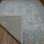 Blue Floral Hand-Knotted Oushak Wool Rug on Ivory Base - Image 5