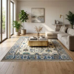 Oushak Floral Handknotted Wool Rug – Ivory & Blue