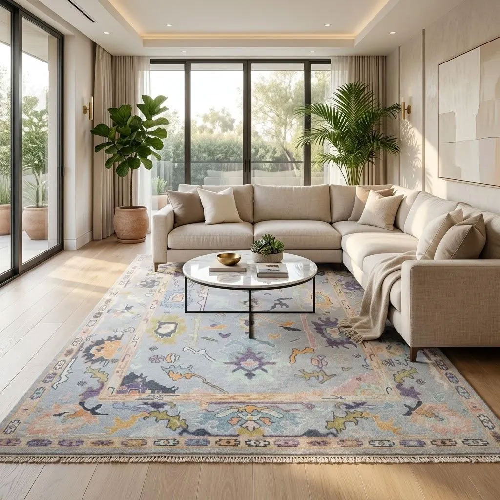 52 Oushak Handknotted Wool Rug – Pastel Blue Floral - Image 1