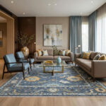 Hand Knotted Wool Oushak Rug, Denim Blue Turkish Area Carpet