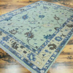 Hand Knotted Oushak Wool Rug, Pastel Green Turkish Style Area Carpet - Image 5